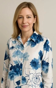 Dennis Basso geblümtes Hemd mit Knopfleiste Gr. M weiß/blau Spitze hinten vielseitig Opa - Bild 1 von 11