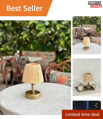 Светодиодная настольная лампа ручной работы из рафии и плетеной ткани со старинным золотым основанием - богемный шик - Изображение 1 из 4