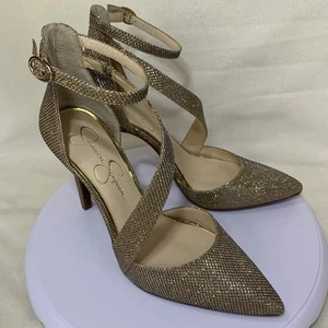 Jessica Simpson High Heel Shoes Gold Sparkle Mesh Ankle Strap Pointed Toe 7.5M - Picture 1 of 21