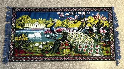 Vtg Wall Tapestry Peacock 39"x21" Boho Cottage Cherry Blossoms Woodland Lake - Image 1 of 4