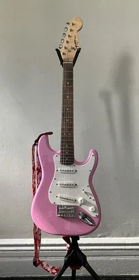 Fender Squier Mini Strat Electric Guitar Pink Ultimate Stand Strap Pls Read - Image 1 of 4