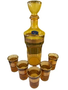 Vintage Cristallerie Artistiche Decorate With 5 Shot Glasses Amber Italy - Picture 1 of 10
