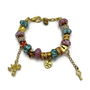 Gold Tone Murano Glass , Heart & Key, Angel, I LOVE YOU Charm Fashion Bracelet - Picture 1 of 12