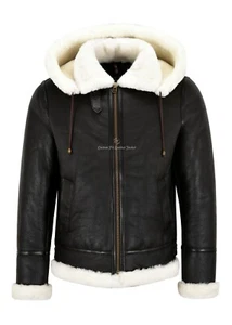 Men Sheepskin Hooded Jacket White Real Shearling Fur B3 Bomber Pilot Jacket NV65 - Picture 1 of 10