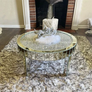 Glam Mirrored Coffee Table Round Silver Accent Table w/ Dazzling Diamonds Inlay - Picture 1 of 13