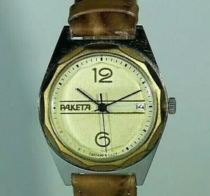 Raketa watch rare vintage soviet mechanical mens wrist gold plated case calendar - Picture 1 of 12