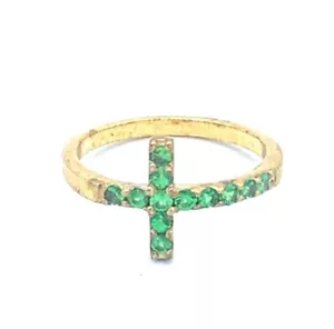 925 Silber Gelbgold Rund Grün Smaragd Seitlich gebogen Kreuzband Ring - Bild 1 von 5