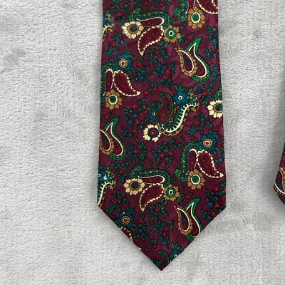 Christian Dior Monsieur Vintage 80s Paisley Floral Print Burgundy Teal Neck Tie - Image 1 of 4