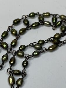 Freshwater Pearl Olive Green Bracelet Black Tone 8” Vintage