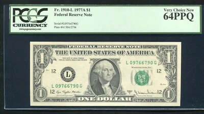 FR. 1910-L 1977-A $1 FRN “RADAR S/N L09766790G” SAN FRANCISCO, CA PCGS UNC-64PPQ - Image 1 of 2