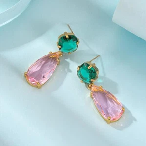 Newest Square Green Quartz Drop Pink Topaz Gems Gold Plated Silver Stud Earrings - Picture 1 of 6