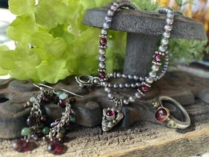 26.65 g Sterling Silver 925 Garnet /Pearl Necklace Earrings Ring Jewelry lot - Picture 1 of 8