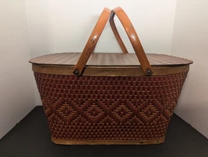Vintage Wicker Picnic Basket Red-Man Wood Lid Metal Handles Hinged Large - Picture 1 of 19