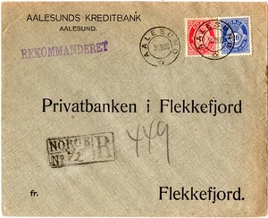 Norwegen 1906, 10+20 öre auf Reko Bank-Brief v. Aalesund n. Flekkefjord - Picture 1 of 2
