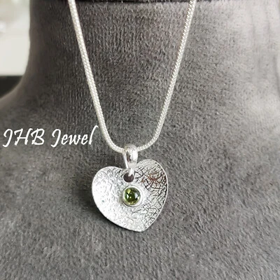 Colgante corazón plata esterlina 925 piedras preciosas peridoto verde manzana pareja joyas Foto 1 de 4