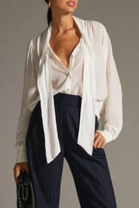 NWOT Scotch & Soda Women’s Ivory Sheered Chiffon Draped Tie-Neck LS Blouse XL - Picture 1 of 24