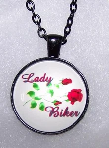 LADY BIKER MOTORCYCLE RIDE female rose BLACK pendant  20" necklace FREE GIFT BOX - Picture 1 of 7