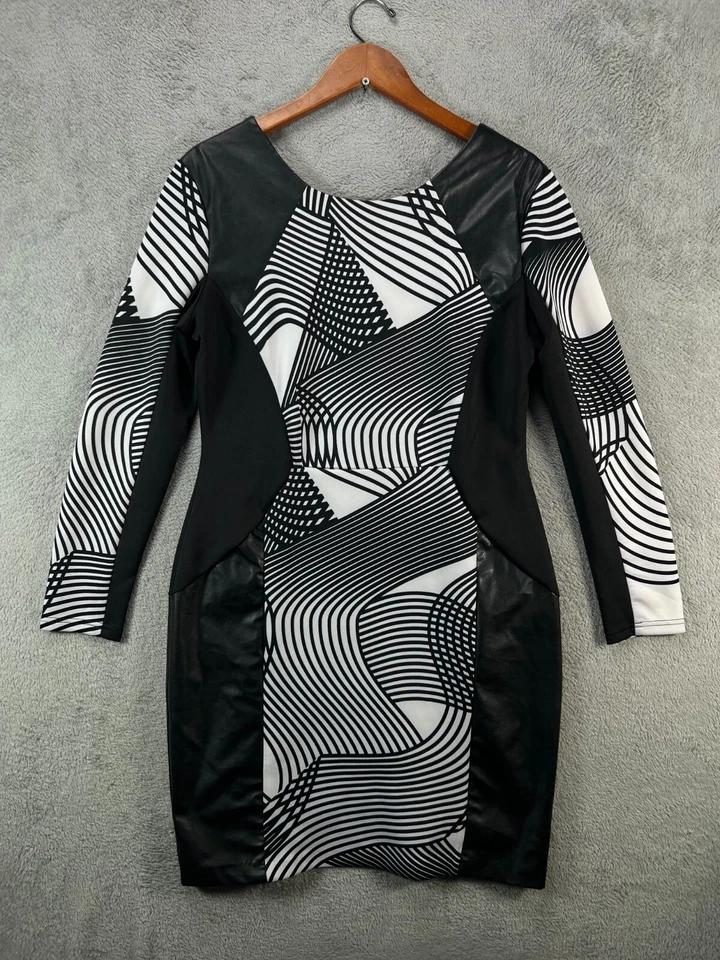 Vestido CATO para mujer 14 negro vestido imitación cuero ribete manga larga blanco geométrico Foto 1 de 4