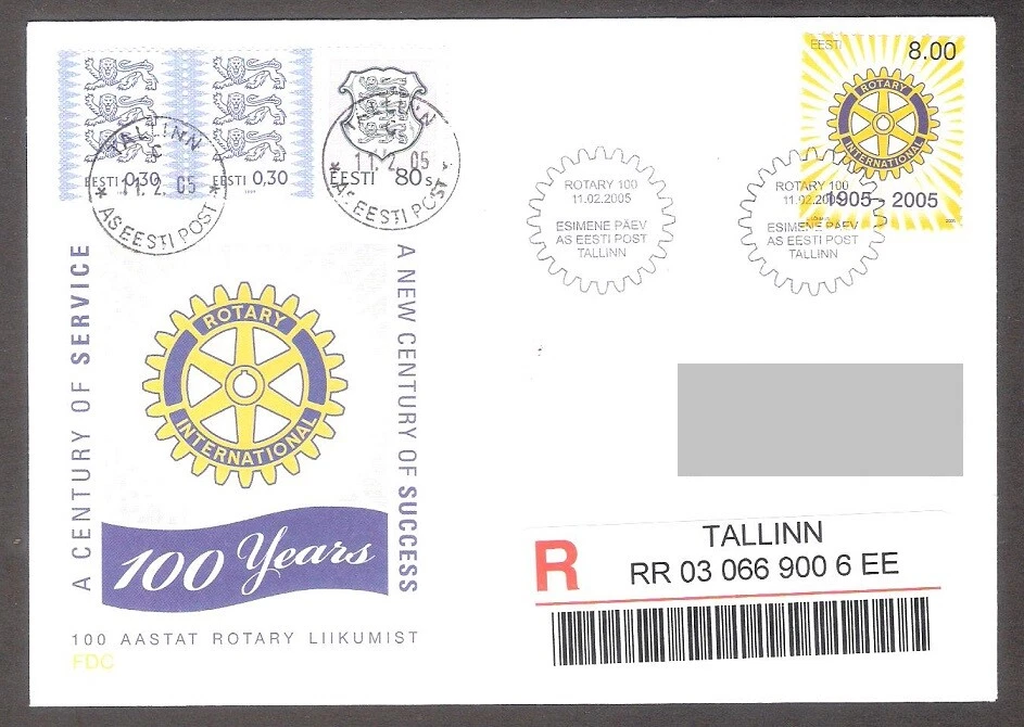 100th of Rotary International 2005 Estonia  stamp FDC  Mi 505 REGISTERED - Image 1 of 1