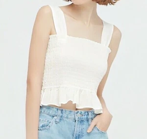 Uniqlo Womens Cropped Tops Smocked Cotton Ruffles Straps White 2XL Blouse Cute - Picture 1 of 8