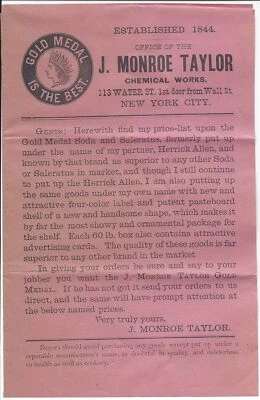 3 Circulares Adv, Medalla de Oro Bicarbonato de Sodio y Saleratus (J. Monroe Taylor) c1880s Foto 1 de 4