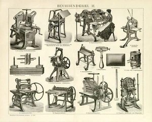 Historische Buchbinderei Maschinen Falzmaschine antike Grafik Holzstich ca. 1892 - Bild 1 von 11