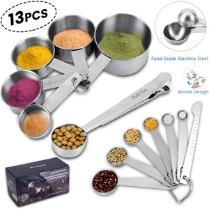 Measuring Cups & Spoon Set 13Pcs Premium Stainless Steel Liquid-Solid Measurment - Picture 1 of 14