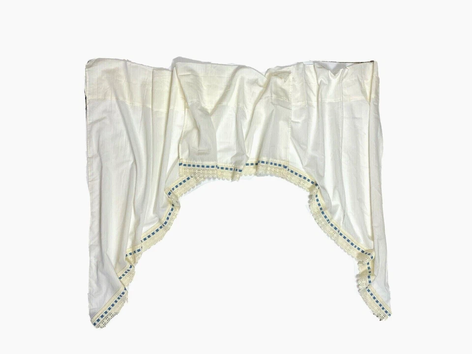 Vintage Set Valances Curtains White Blue Cottagecore Shabby Chic Lace Trim - Image 1 of 4