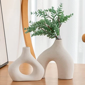 White Ceramic Vase Set of 2 – Modern Round Donut Vases, Matte Finish - Picture 1 of 12