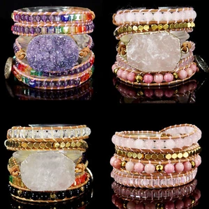 Handgefertigtes 5 Wickel Leder Boho Armband Natur Druzy Geode Kristall Perlen - Bild 1 von 10