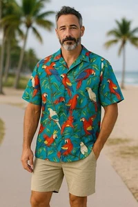 Vintage Paradise Found Hawaiihemd Papageienmuster blau Button Down Kurzarm. L - Bild 1 von 14