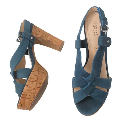Sandalias de tacón de cuña Barneys New York para mujer talla 6 correa de cuero azul punta abierta Foto 1 de 4