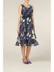 Nuevo Vestido Jacques Vert 16 22 24 Púrpura Gris Estampado Floral Ajuste y Acampanado Lino - Imagen 1 de 12