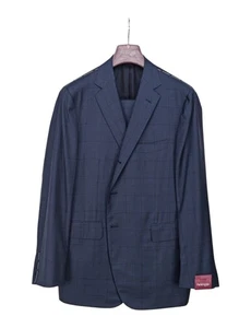 $2500 SARTORIA PARTENOPEA NAPOLI Handmade Blue Check Suit Wool Silk  46 US 56 EU - Picture 1 of 7