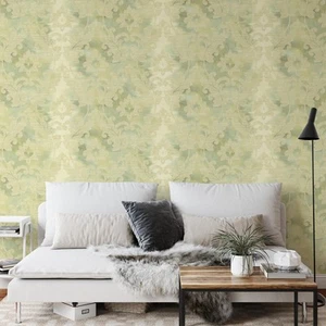 Wallpaper Floral Damask Lime Leaf Wallquest Villa Rosa Acrylic Coated Style - Picture 1 of 6