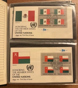 104 gemischte Briefmarken VEREINTE NATIONEN Ersttagsbriefe 1985-1987 mit Binder. Seltenes Lot - Bild 1 von 24