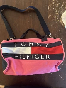 Vintage 90s Tommy Hilfiger Canvas Duffle Bag One Size Big Spell Out Logo Pink - Bild 1 von 8