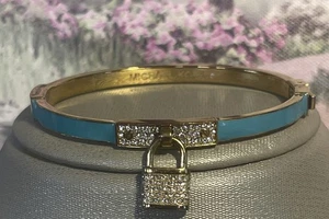 MICHAEL KORS GOLD TONE TURQUOISE ENAMEL PAVE PADLOCK BANGLE BRACELET - Picture 1 of 10