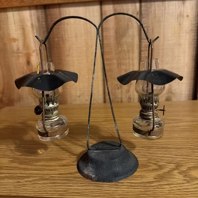 VTG Set Mini Hanging Glass Oil Lamps Double Shade Chimney Miniature Metal Stand - Image 1 of 4