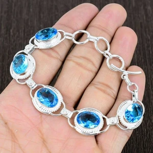 Swiss Blue Topaz Gemstone Handmade 925 Sterling Silver Jewelry Bracelet Sz-7-8" - Picture 1 of 3