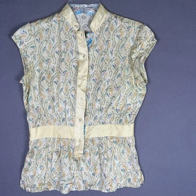 Robert Graham Women's Cap Sleeve Button Front Top 100% Silk Yellow Paisley Sz 4 - Image 1 of 4