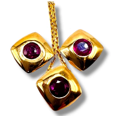 14k Yellow Gold Genuine Red Ruby Earring Pendant Set Necklace - Image 1 of 4