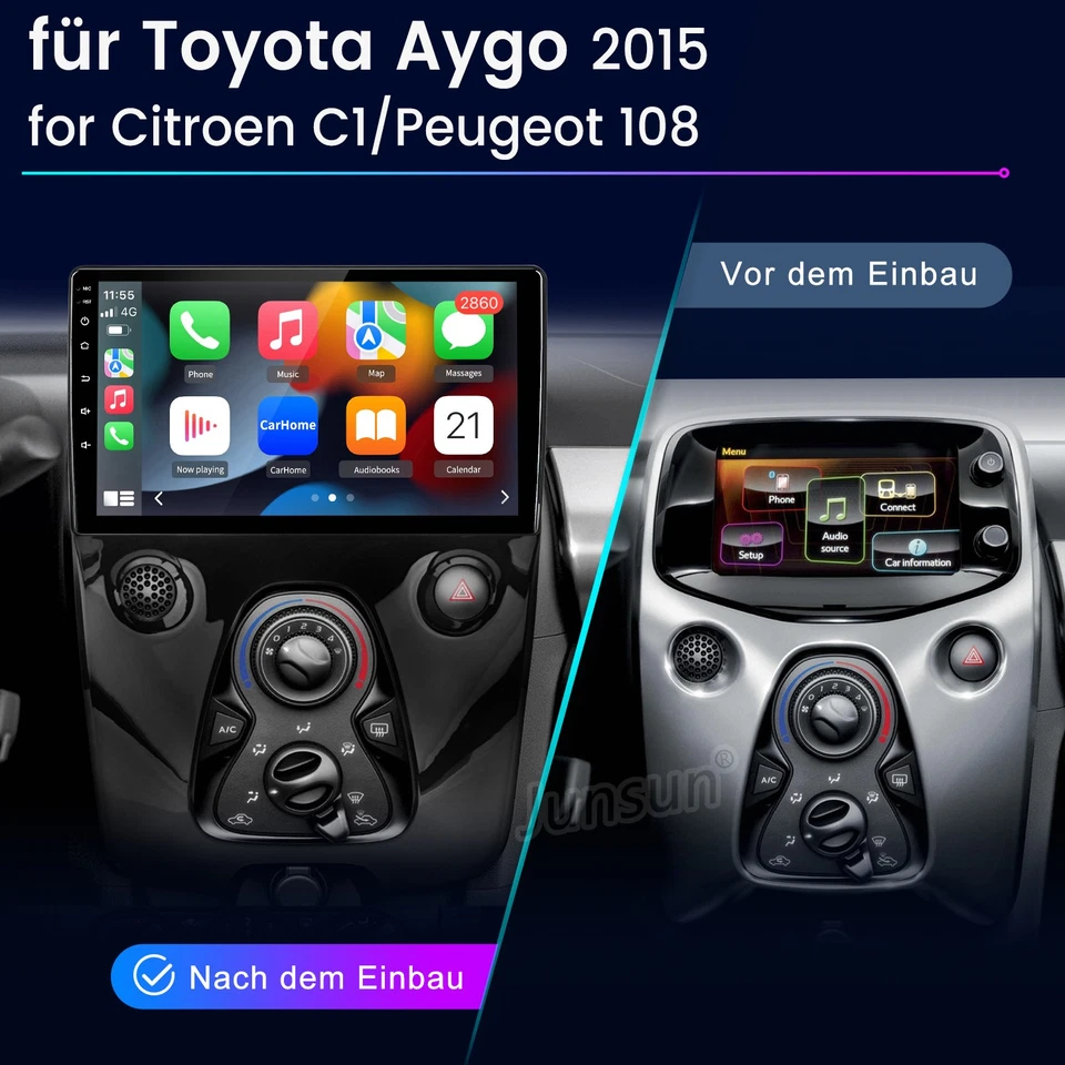 10.1" Android 14 DAB+ Für Toyota Aygo Citroen C1/Peugeot 108 Carplay Autoradio - Bild 1 von 4