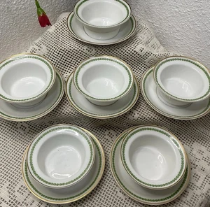 6 VTG Limoge Depose Martin Dessert Cup And Saucers Green Laurel Leaf Gold Band - Picture 1 of 22