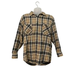 St John's Bay Tan Black White Plaid Button Up Fishing Cotton Shirt Jacket Large - Picture 1 of 7