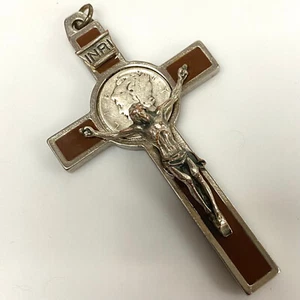 croce crocifisso tono argento smaltato marrone v120 vintage con monete argento - Foto 1 di 4
