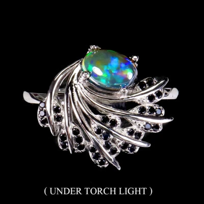 925 Anello Argento Sterling Ovale Nero Opale 7x5mm Spinello Naturale Gemma - Immagine 1 di 4