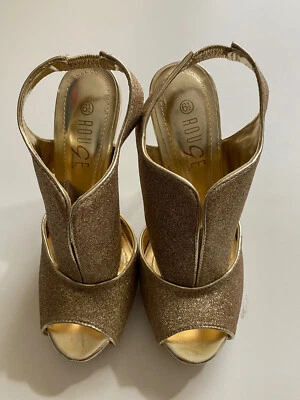 Zapatos Rouge para mujer de tacón dorado brillante punta abierta talla 6,5 correa Foto 1 de 4