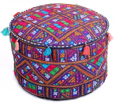 Decorative 22" Blue Round Embroidered Ottoman Pouf Footstool Chair Seating Cover - Image 1 of 4