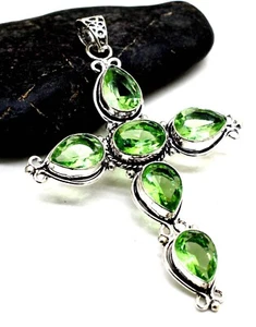 925 Sterling Silver Peridot Gemstone Jewelry Cross Pendant Size-3" - Picture 1 of 7